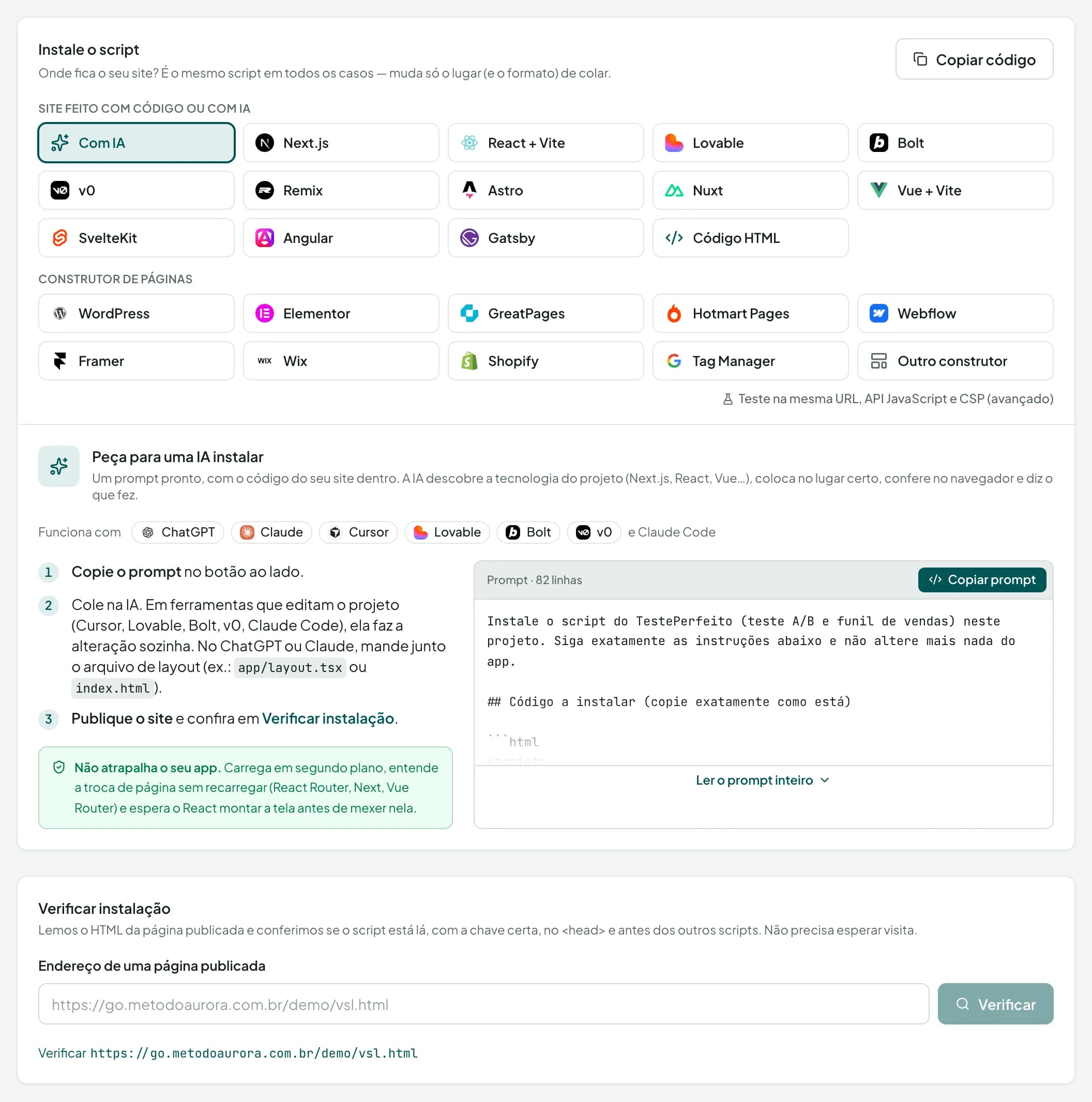 Aba Com IA da instalação: a caixa “Prompt · 82 linhas”, com o botão Copiar prompt e o começo do texto — “Instale o script do TestePerfeito (teste A/B e funil de vendas) neste projeto. Siga exatamente as instruções abaixo e não altere mais nada do app.”